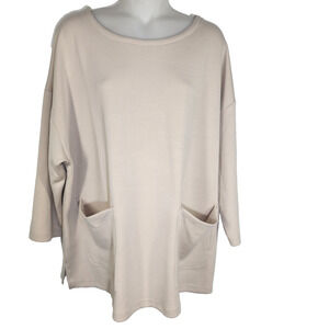 Jones New York Womens Pullover Cozy Top Size 1X Front Pockets 3/4 Sleeve Beige